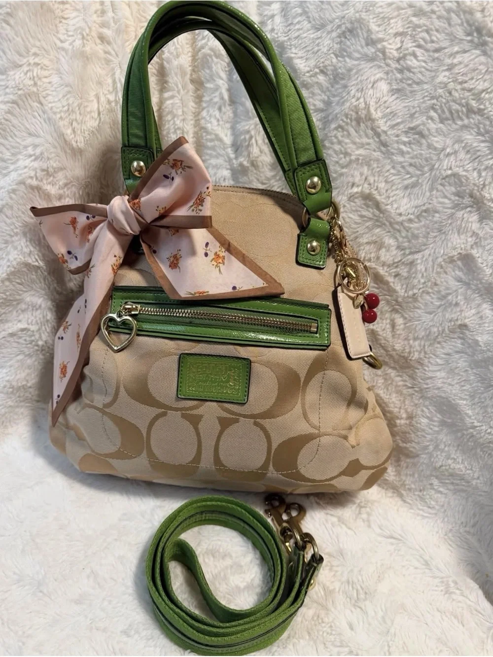 Y2K Coach Poppy Daisy Satchel beige and green double way style